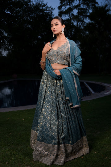 Blue Grey Shimmer Lehenga Set And Organza Dupatta With Readymade Blouse