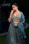 Blue Grey Shimmer Lehenga Set And Organza Dupatta With Readymade Blouse