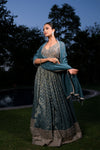 Blue Grey Shimmer Lehenga Set And Organza Dupatta With Readymade Blouse