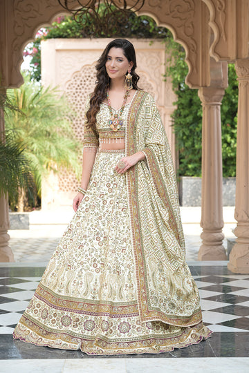 Effortlessly Beautyful Off White Crepe Lehenga Set And Crepe Dupatta With Readymade Blouse