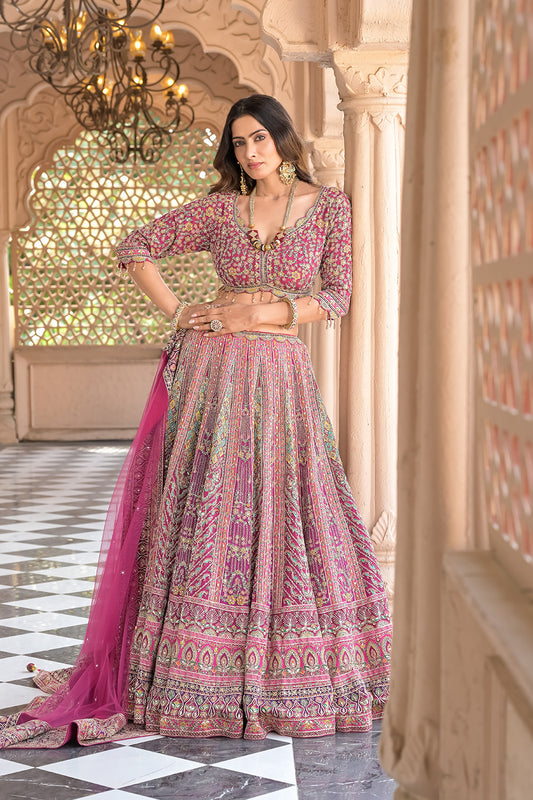 Rani Crepe Lehenga Set And Net Dupatta With Readymade Blouse