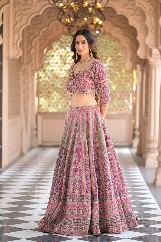 Rani Crepe Lehenga Set And Net Dupatta With Readymade Blouse