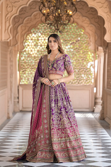Stunningly Unique Purple Rani Crepe Lehenga Set And Crepe Dupatta With Readymade Blouse