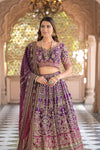 Stunningly Unique Purple Rani Crepe Lehenga Set And Crepe Dupatta With Readymade Blouse