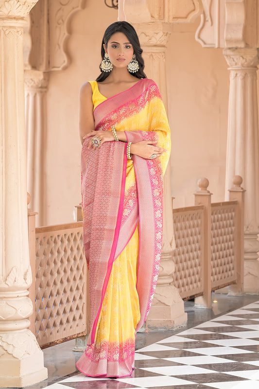 Raw Elegance Mustard Rani Khaddi Georgette Saree With Unstitched Blouse