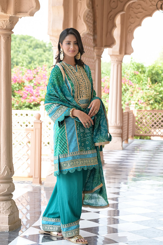 Effortless Glamour Rama Crepe Readymade Suit And Plazzo With Crepe Dupatta
