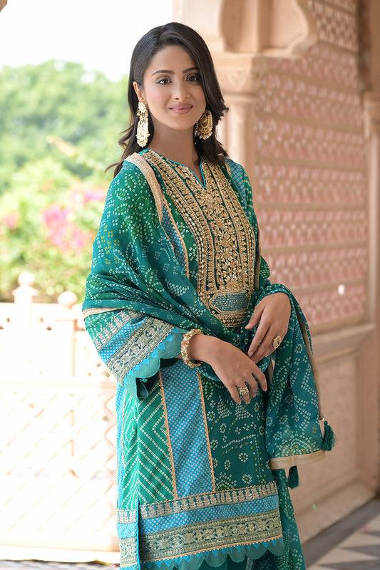 Effortless Glamour Rama Crepe Readymade Suit And Plazzo With Crepe Dupatta