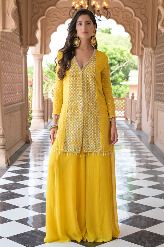 Golden Hour Mango Gold Georgette Readymade Kurta And Sharara Set