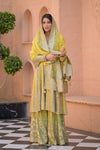 Olive Pista Georgette Readymade Suit And Sharara With Khaddi Georgette Dupatta
