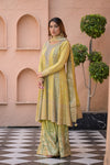 Olive Pista Georgette Readymade Suit And Sharara With Khaddi Georgette Dupatta