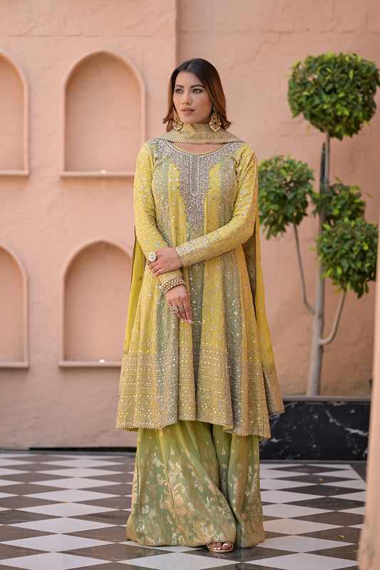 Olive Pista Georgette Readymade Suit And Sharara With Khaddi Georgette Dupatta