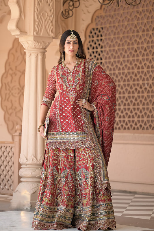 Heritage Heirloom Maroon Crepe Readymade Suit And Sharara With Crepe Dupatta