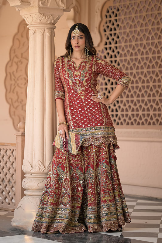 Heritage Heirloom Maroon Crepe Readymade Suit And Sharara With Crepe Dupatta