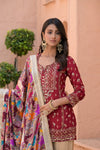 Heritage Heirloom Maroon Tussar Dola Readymade Suit And Sharara With Organza Dupatta