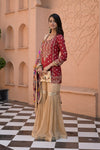 Heritage Heirloom Maroon Tussar Dola Readymade Suit And Sharara With Organza Dupatta