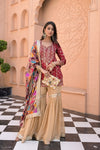 Heritage Heirloom Maroon Tussar Dola Readymade Suit And Sharara With Organza Dupatta