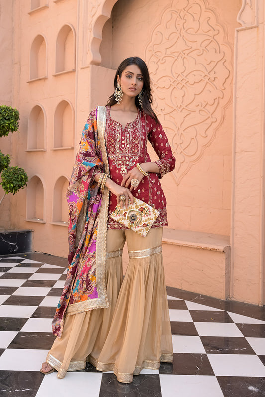Heritage Heirloom Maroon Tussar Dola Readymade Suit And Sharara With Organza Dupatta