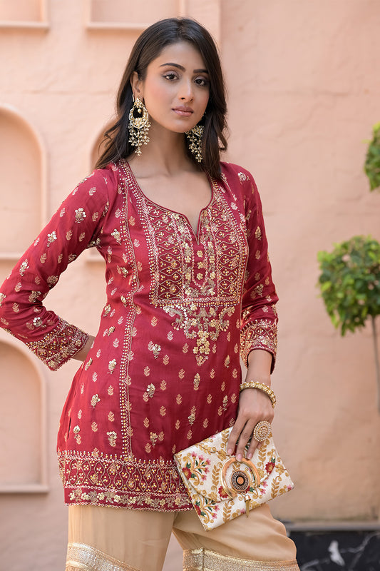 Heritage Heirloom Maroon Tussar Dola Readymade Suit And Sharara With Organza Dupatta