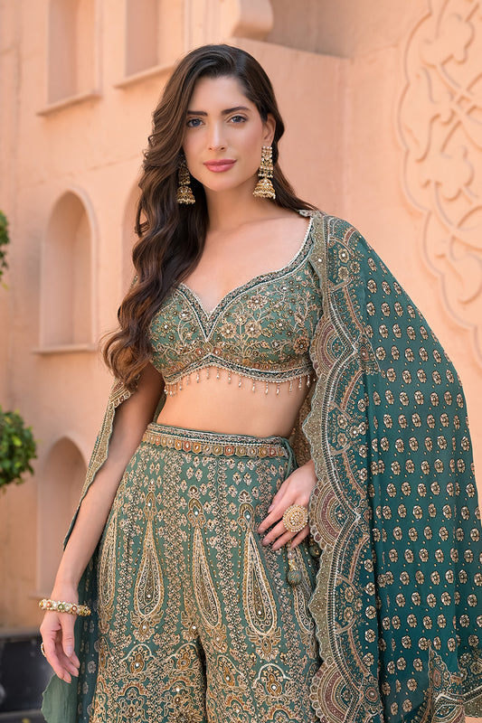 Mint Mehfil Green Crepe Readymade Halter Top And Sharara Set With Cape Dupatta