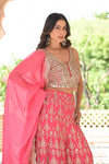 Eternal Bloom Coral Georgette Readymade Sharara Suit With Organza Dupatta
