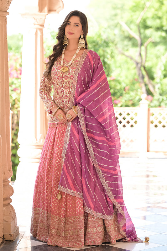 Glow Diffrent Gajari Shimmer Tissue Lehenga Set And Georgette Dupatta With Readymade Blouse