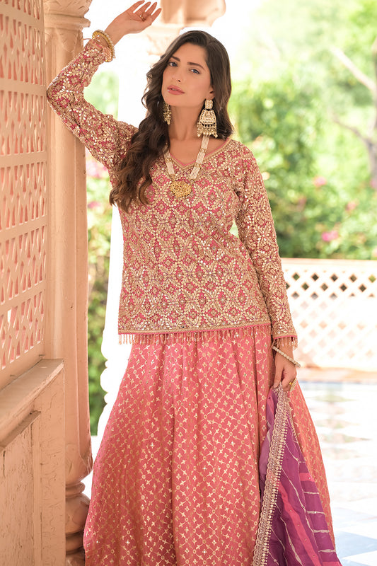 Glow Diffrent Gajari Shimmer Tissue Lehenga Set And Georgette Dupatta With Readymade Blouse