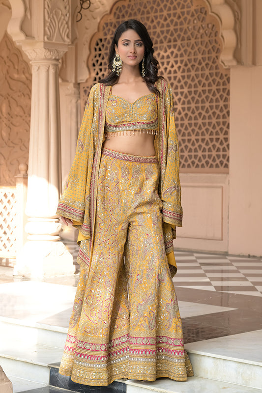 Raw Elegance Mustard Crepe Readymade Suit And Sharara With Printed Dupatta