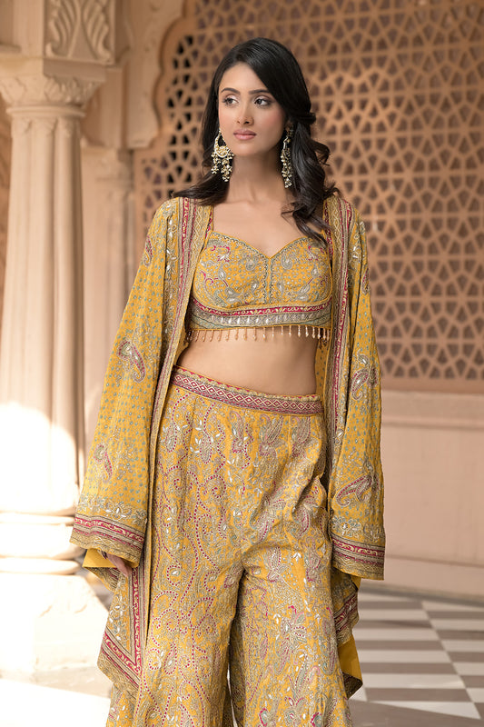 Raw Elegance Mustard Crepe Readymade Suit And Sharara With Printed Dupatta
