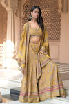 Raw Elegance Mustard Crepe Readymade Suit And Sharara With Printed Dupatta