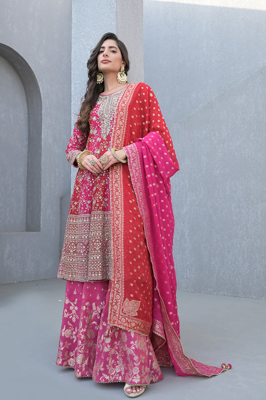 Grace Redefined Red Rani Georgette Readymade Suit And Sharara With Georgette Dupatta
