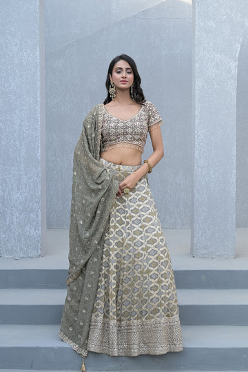 Draped in Elegance Grey Khaddi Georgette Lehenga Set And Georgette Dupatta With Readymade Blouse