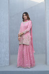 Blush Elegance Peach Shimmer Readymade Suit And Sharara With Chinon Dupatta