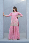 Blush Elegance Peach Shimmer Readymade Suit And Sharara With Chinon Dupatta