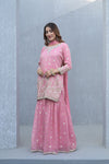 Blush Elegance Peach Shimmer Readymade Suit And Sharara With Chinon Dupatta