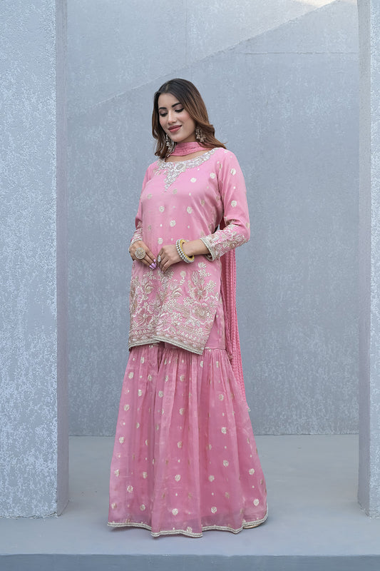 Blush Elegance Peach Shimmer Readymade Suit And Sharara With Chinon Dupatta