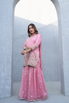 Blush Elegance Peach Shimmer Readymade Suit And Sharara With Chinon Dupatta