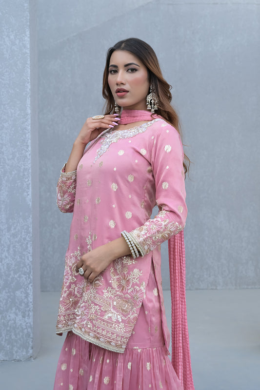 Blush Elegance Peach Shimmer Readymade Suit And Sharara With Chinon Dupatta
