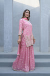 Blush Elegance Peach Shimmer Readymade Suit And Sharara With Chinon Dupatta