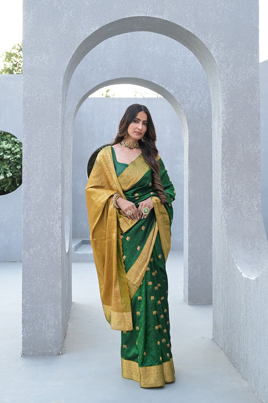 Regal Charm Bottle Green Silk Saree With Unstitched Blouse