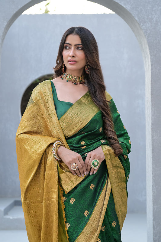Regal Charm Bottle Green Silk Saree With Unstitched Blouse