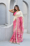 Effortlessly Glamour Off White Rani Khaddi Georgette Saree With Unstitched Blouse