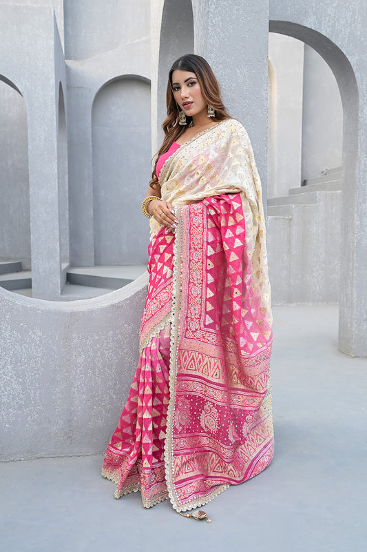 Effortlessly Glamour Off White Rani Khaddi Georgette Saree With Unstitched Blouse
