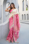 Effortlessly Glamour Off White Rani Khaddi Georgette Saree With Unstitched Blouse