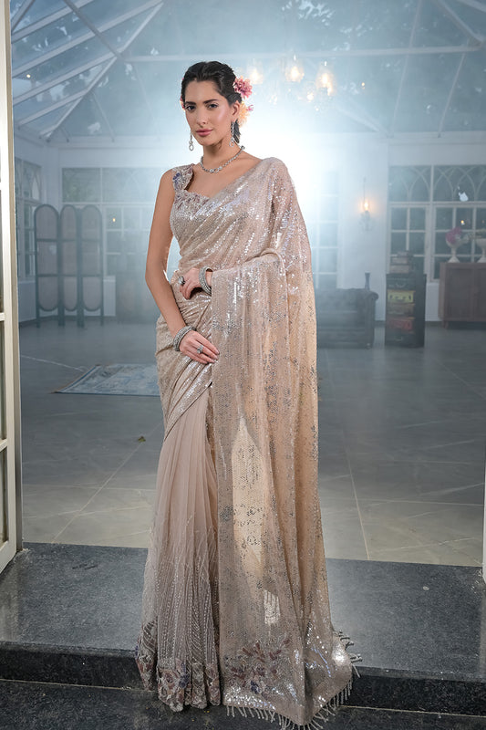 Tussar Net Embroidered Saree With Readymade Blouse
