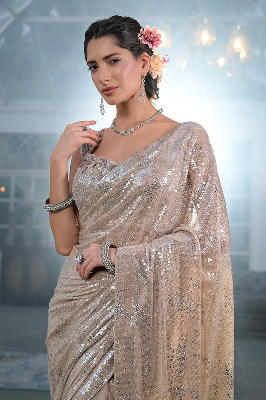 Tussar Net Embroidered Saree With Readymade Blouse