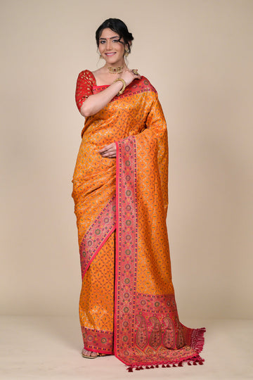 Mustard Banarasi Woven Zari Saree With Unstitched Blouse