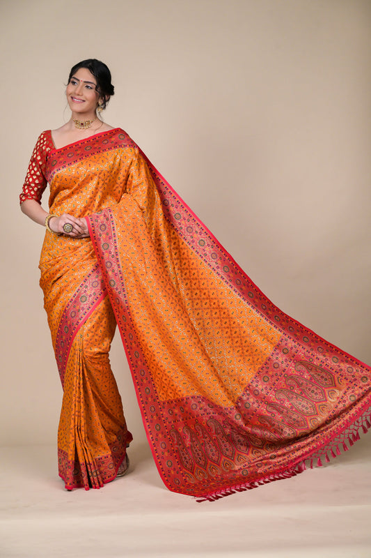 Mustard Banarasi Woven Zari Saree With Unstitched Blouse