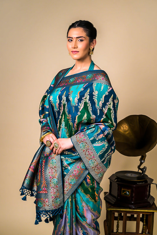 Peacock Banarasi Silk Woven Zari Saree With Unstitched Blouse