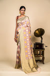 Cream  Banarasi Woven Zari Saree With Unstitched Blouse