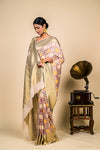 Cream  Banarasi Woven Zari Saree With Unstitched Blouse